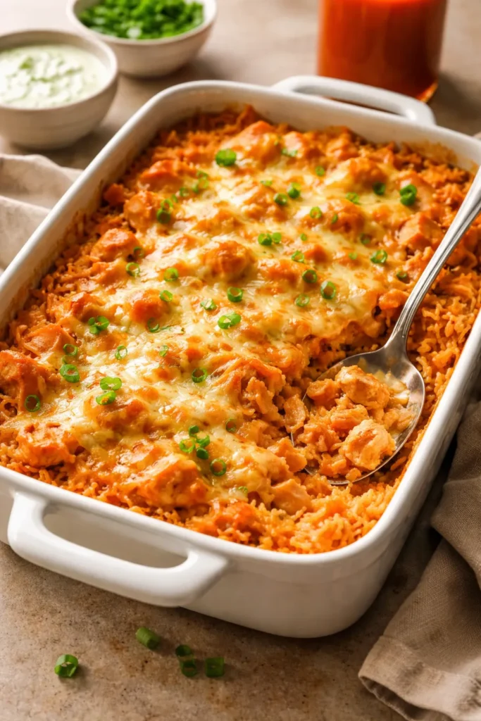 12 Dump and Bake Casseroles With No Fuss 7 Close-up of Buffalo Chicken Rice Casserole baked in a dish with creamy topping