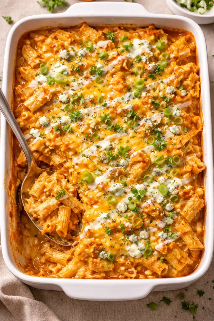 10 Chicken Casseroles the Whole Family Loves 5 Buffalo Chicken Casserole in a baking dish with melted cheese