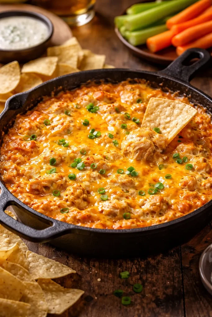 8 Game Night Snacks Everyone Fights Over 7 Creamy buffalo chicken dip in a cast iron skillet ready for dipping
