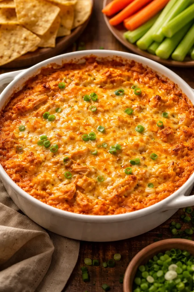 Bubbling buffalo chicken dip in a baking dish