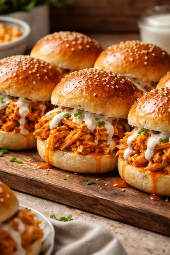 8 Slider Recipes for Parties and Game Night 3 Close-up of Buffalo Chicken Sliders showing spicy filling