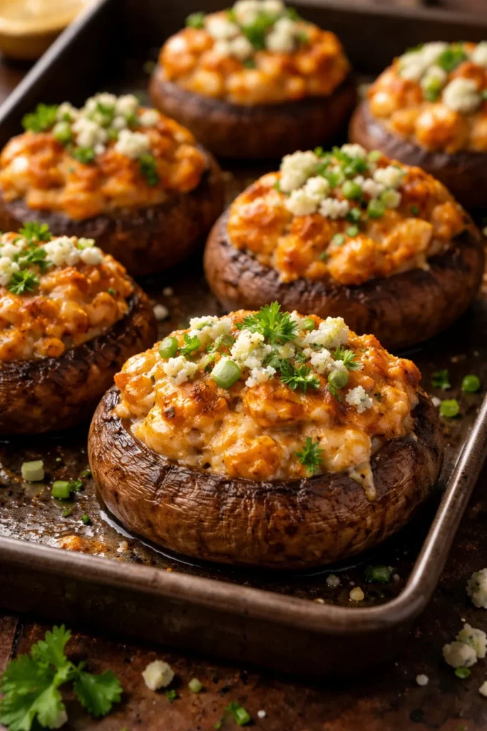 Close-up of buffalo chicken stuffed mushrooms on a dark tray with bubbling filling and blue cheese.