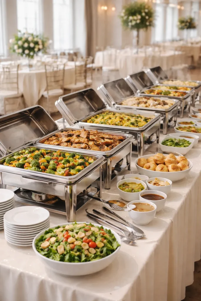 8 Wedding Reception Food Ideas on a Budget 9 Organized buffet stations with chafing dishes and serving trays