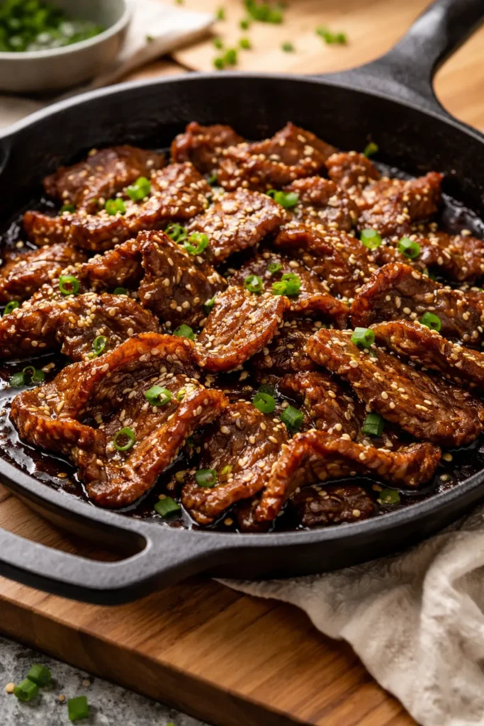 12 Easy Korean Recipes for Weeknight Dinners 1 Close-up of glossy beef bulgogi slices with caramelized edges in a skillet