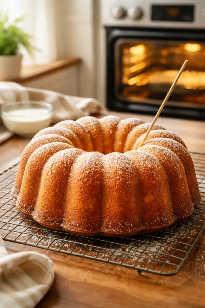 Moist Buttermilk Pound Cake that Won't Dry Out 8 Bundt cake on a cooling rack with warm kitchen glow in the background