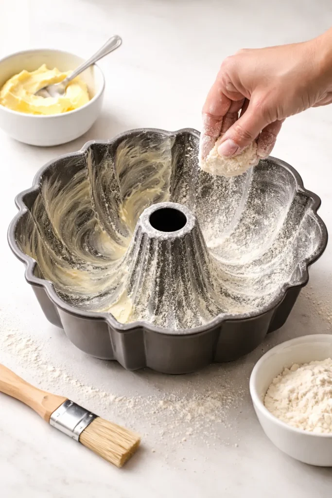 Moist Buttermilk Pound Cake that Won't Dry Out 6 Bundt pan greased and dusted with flour on counter
