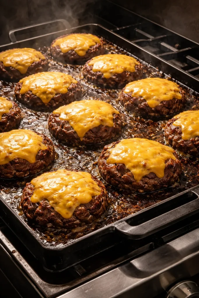 Close-up of several seared burgers on a large cast iron griddle