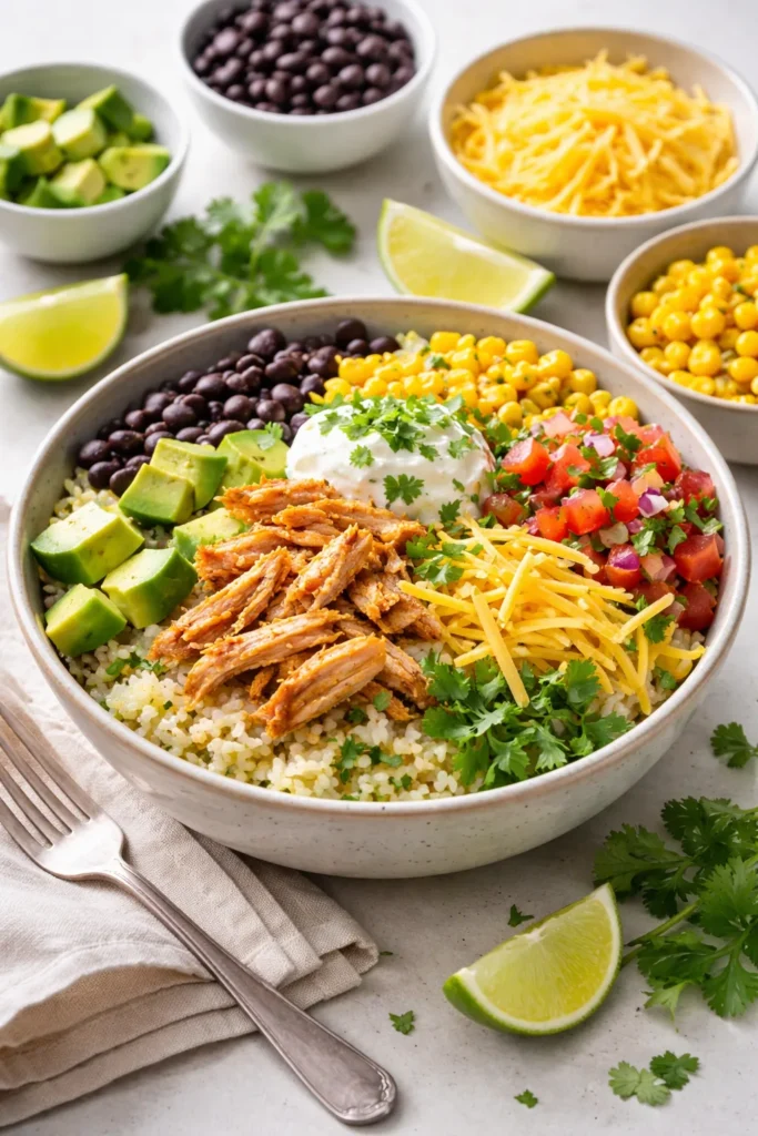 12 Kid-Friendly Dinners Beyond Chicken Nuggets 11 Burrito bowl with rice, beans, chicken, corn, avocado and cheese