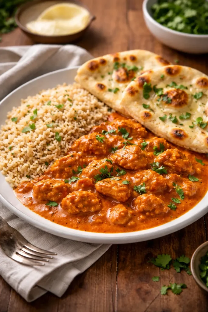 Butter chicken with brown rice and naan on plate