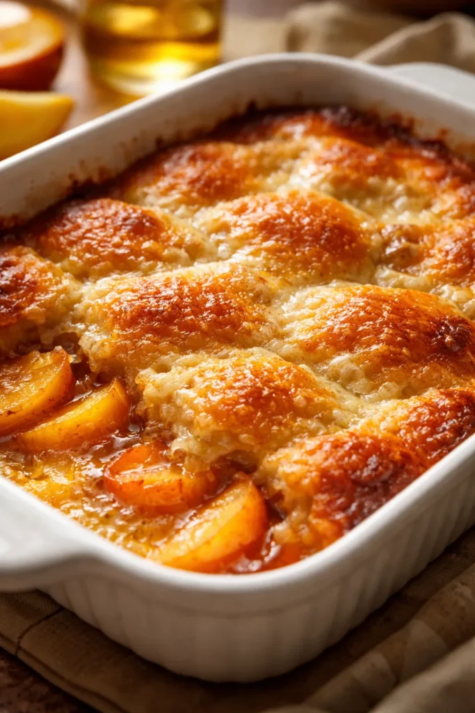 Simple Homemade Peach Cobbler From Scratch 4 Golden cobbler topping browning in a baking dish