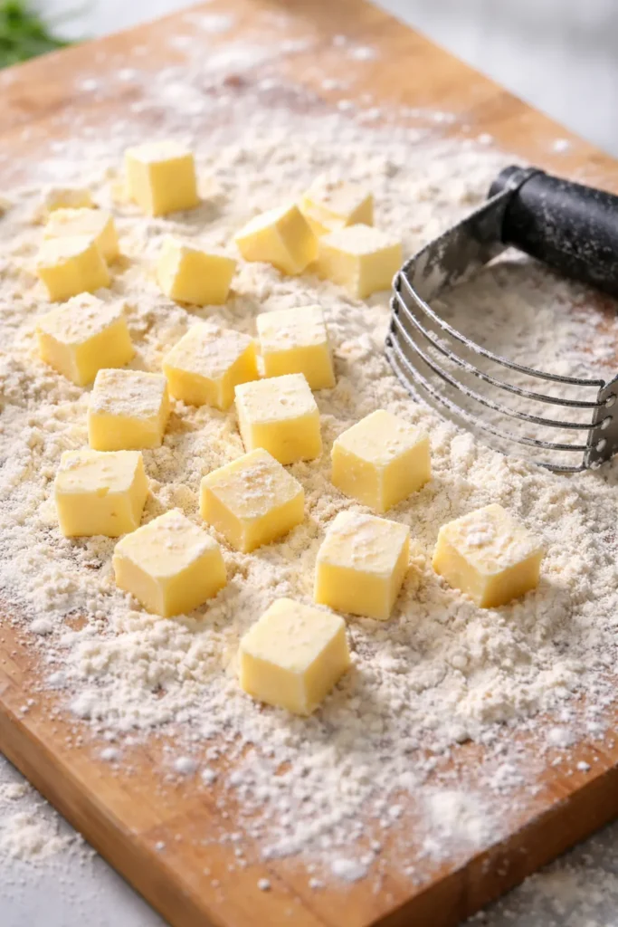 Canned Peach Cobbler That Tastes Fresh 5 Cold butter cubes on flour-dusted surface with a pastry cutter nearby