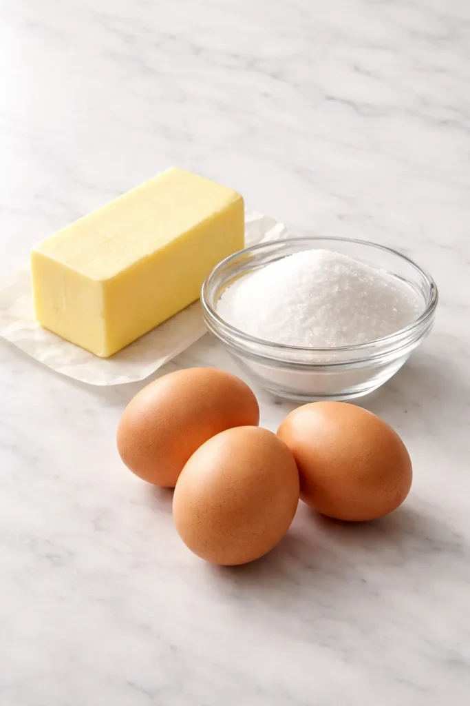 Moist Buttermilk Pound Cake that Won't Dry Out 3 Butter, sugar, and eggs arranged on marble countertop