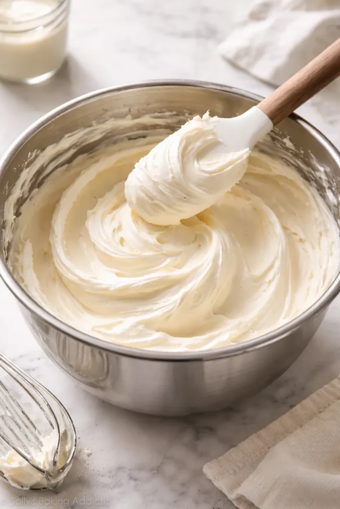 Close-up of glossy vanilla buttercream in a mixing bowl