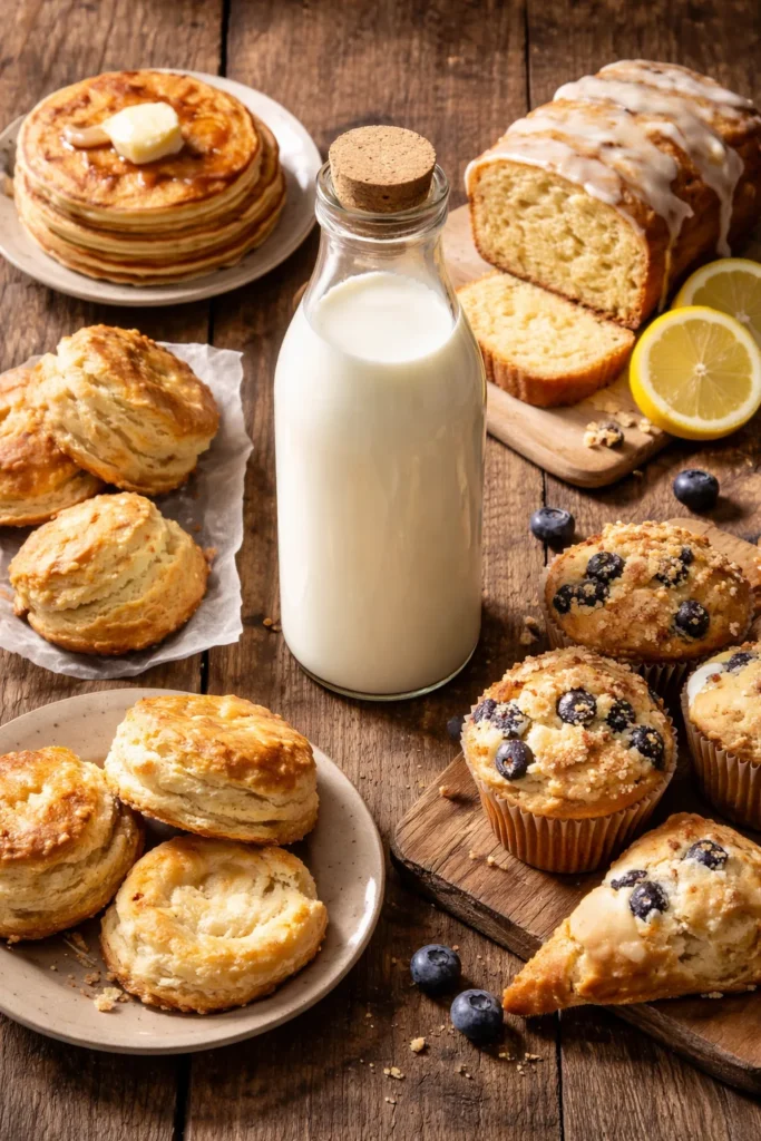 10 Ways to Use Leftover Buttermilk in Baking 11 Buttermilk bottle with baked goods on a wooden table in warm light.