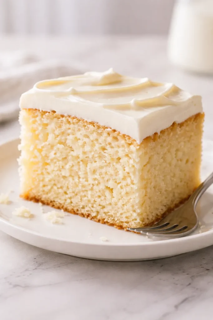10 Ways to Use Leftover Buttermilk in Baking 3 Slice of tender moist vanilla cake with soft crumb on a white plate.