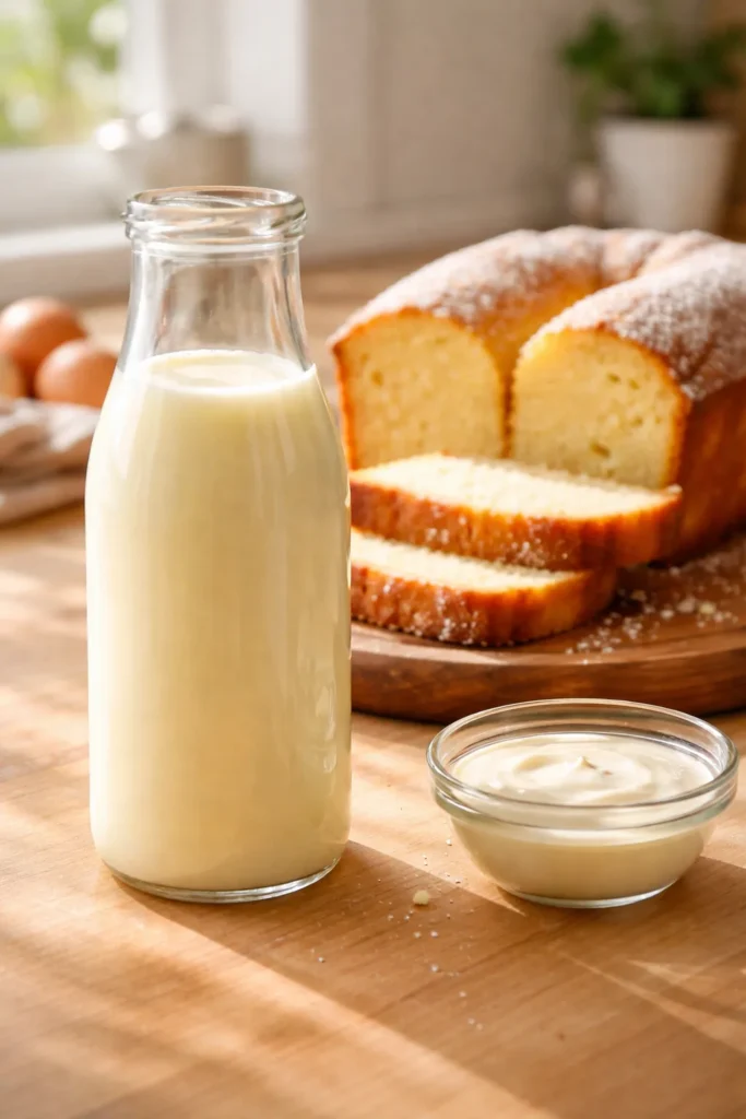 Moist Buttermilk Pound Cake that Won't Dry Out 1 Label-free glass bottle of pale buttermilk on a wooden counter
