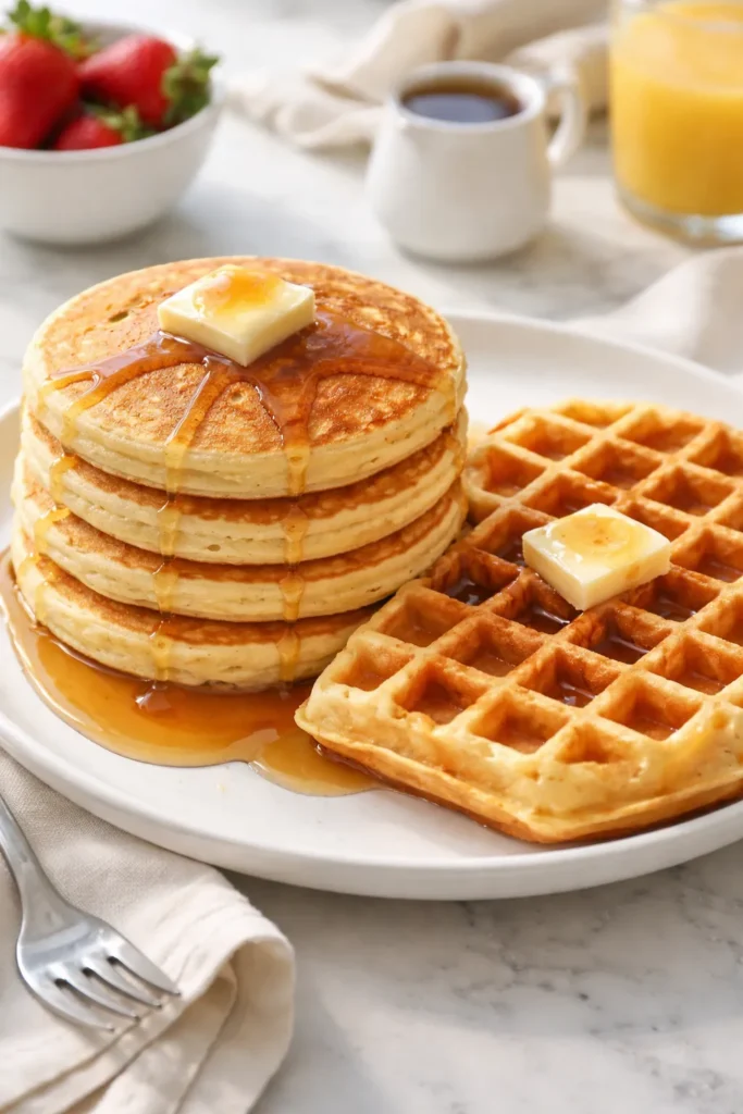 10 Ways to Use Leftover Buttermilk in Baking 1 Close-up of fluffy buttermilk pancakes and a waffle on a white plate with syrup, breakfast scene.