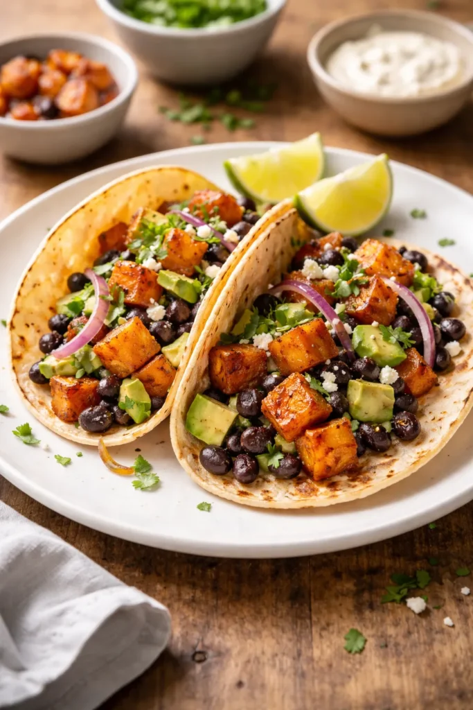 12 Mexican Dinner Recipes for Taco Night 9 Tacos with roasted butternut squash and black beans on plate