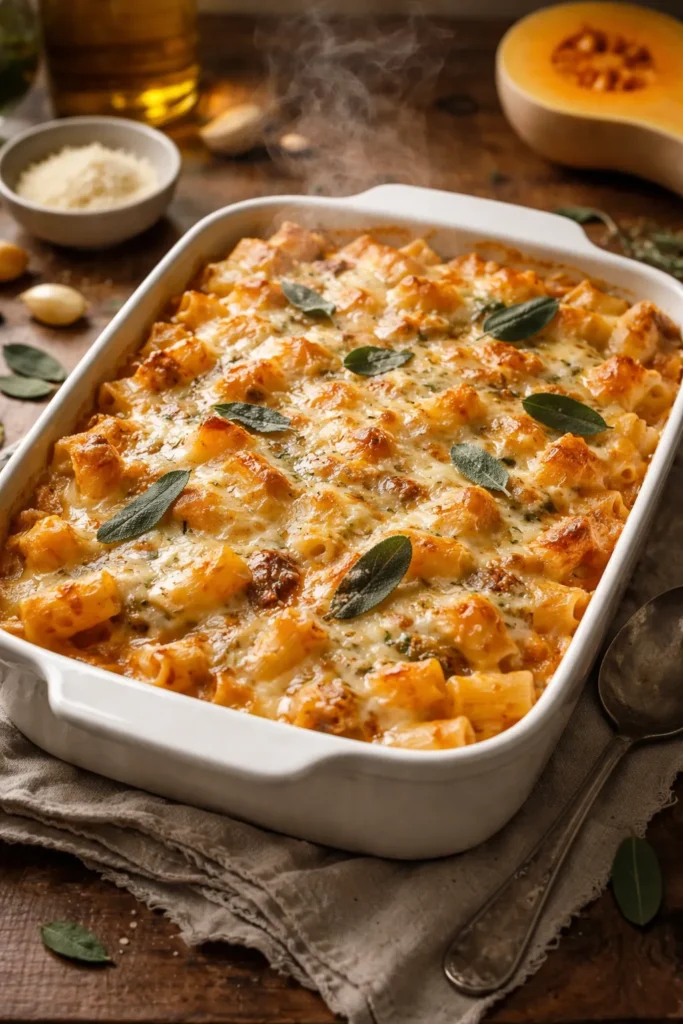 Bubbly butternut squash pasta bake with golden top in a baking dish