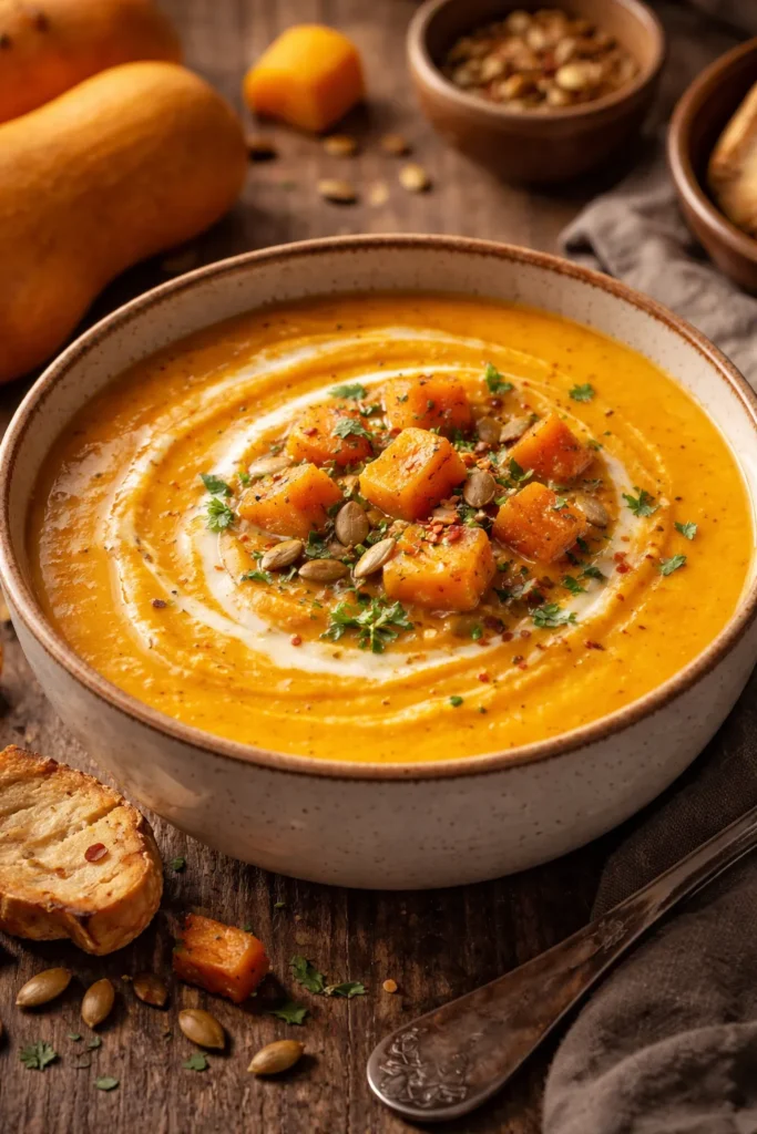 10 Homemade Soup Recipes for Any Season 4 Velvety butternut squash soup in a bowl with roasted squash hints