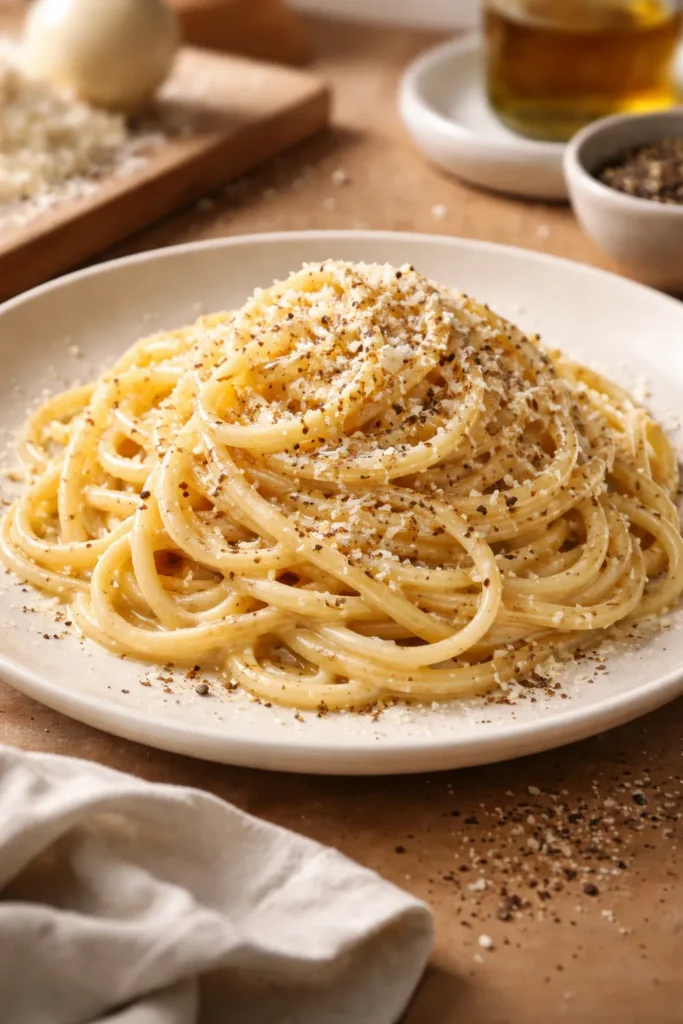 12 Easy Pasta Dinners Better Than Takeout 3 Close-up of glossy cacio e pepe pasta with Pecorino Romano and black pepper
