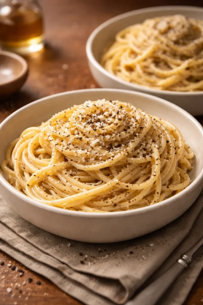 Glossy cacio e pepe with Pecorino and pepper on spaghetti off-heat