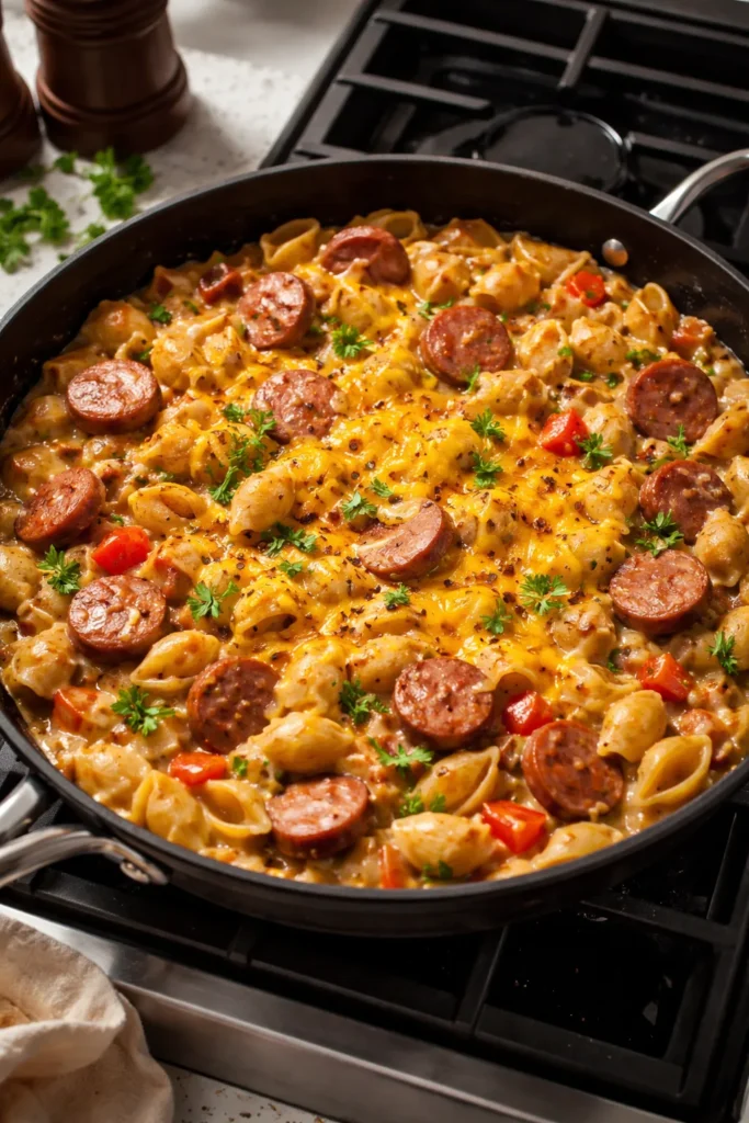 Creamy Cajun sausage pasta in a skillet with melted cheddar