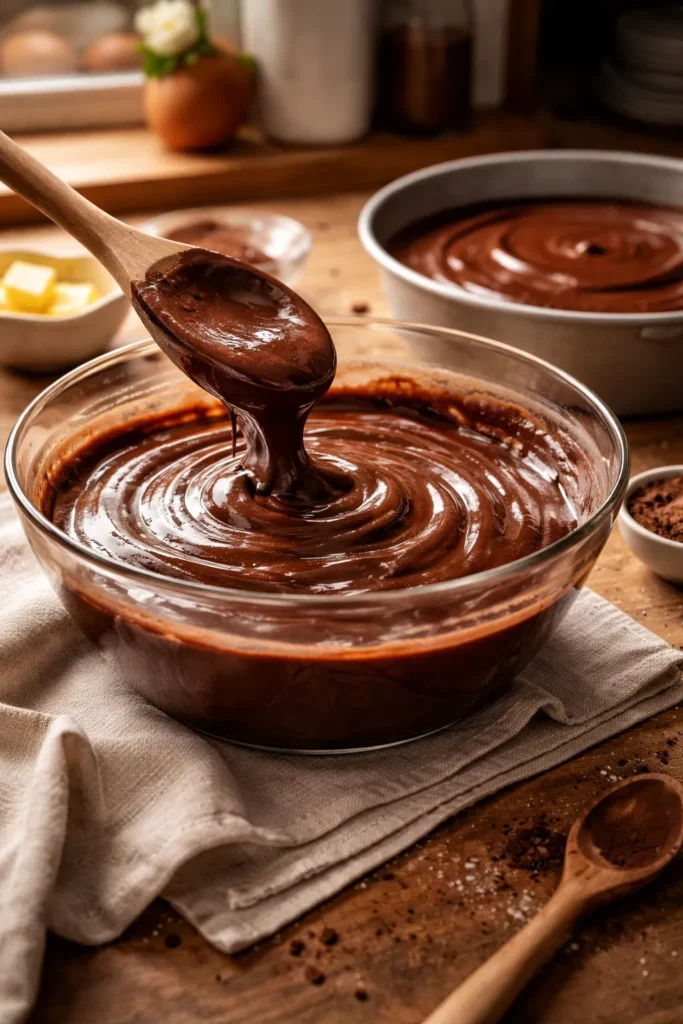 The Only Chocolate Cake Recipe You Need 9 Glossy chocolate batter in a bowl and pan ready for baking
