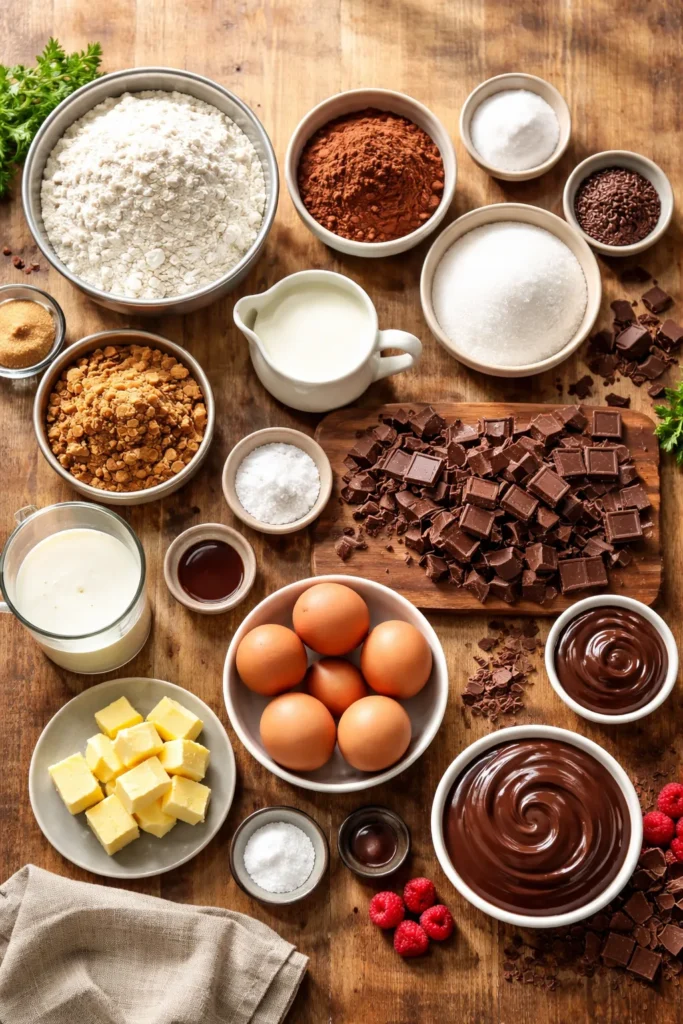 Rich Chocolate Ganache Cake for Birthdays 7 Overhead photo of chocolate cake ingredients laid out for baking, including flour, cocoa, sugars, butter, eggs, vanilla, buttermilk and chocolate.