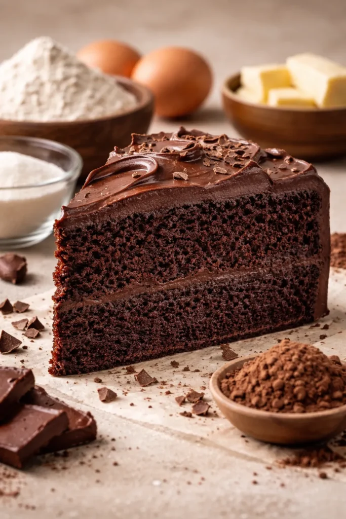 The Only Chocolate Cake Recipe You Need 3 Close-up of a chocolate cake slice with rich crumb and glossy surface