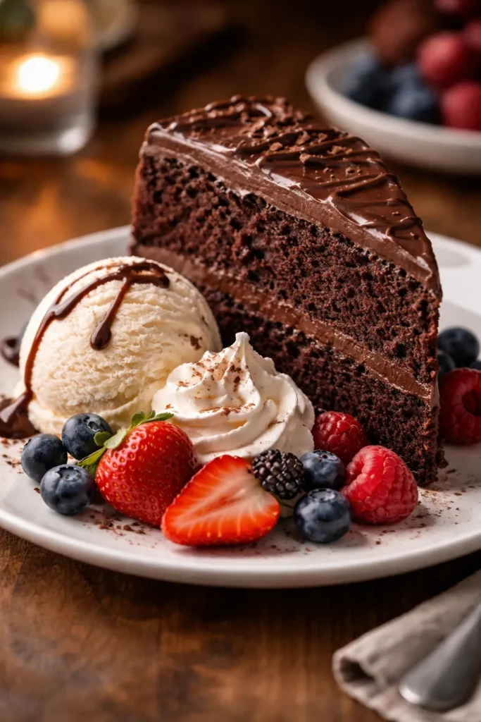The Only Chocolate Cake Recipe You Need 12 Chocolate cake slice plated with ice cream and berries