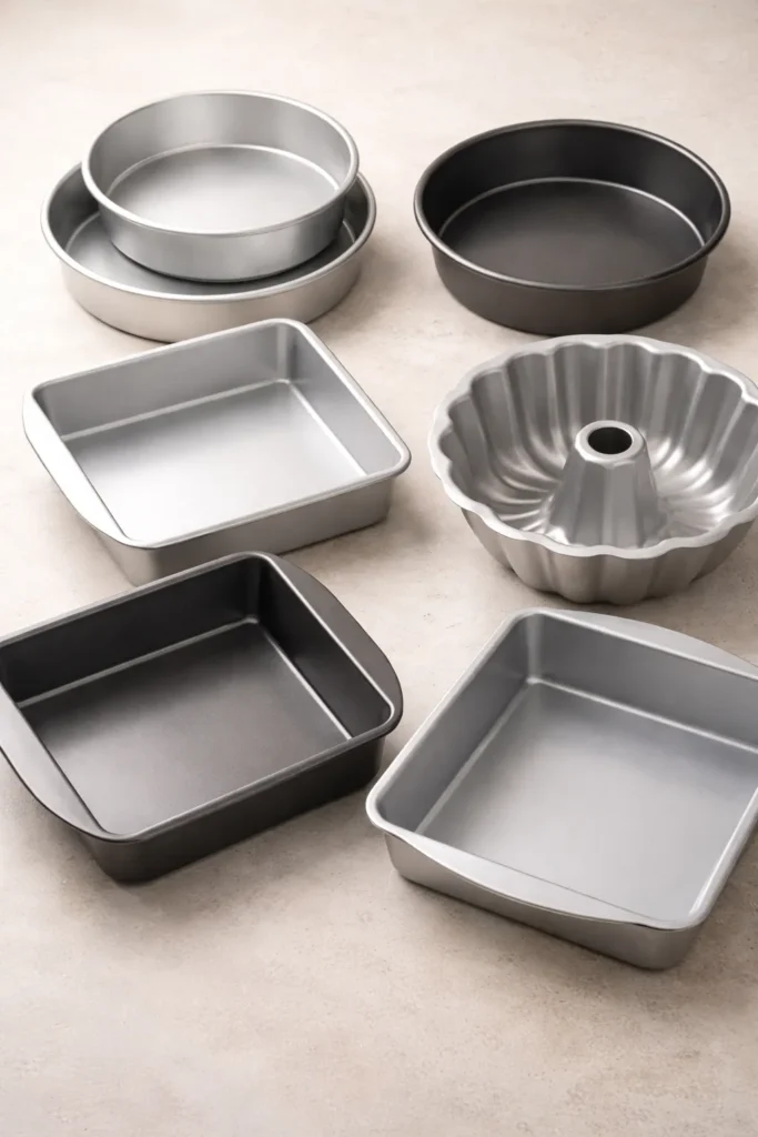 How to Bake Perfectly Moist Cakes Every Time 6 Assorted cake pans arranged to illustrate pan options