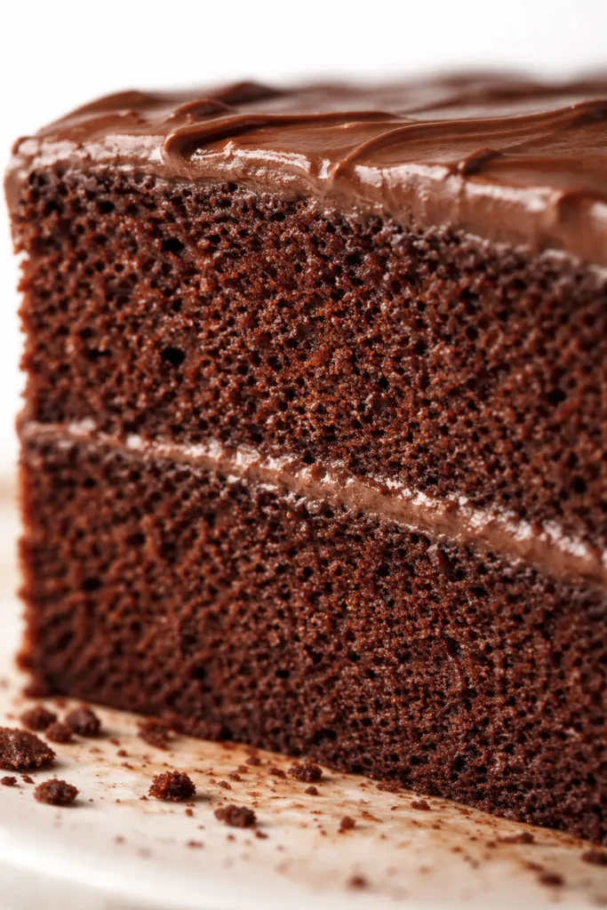 The Only Chocolate Cake Recipe You Need 2 Close-up of a moist chocolate cake cross-section with uniform crumb