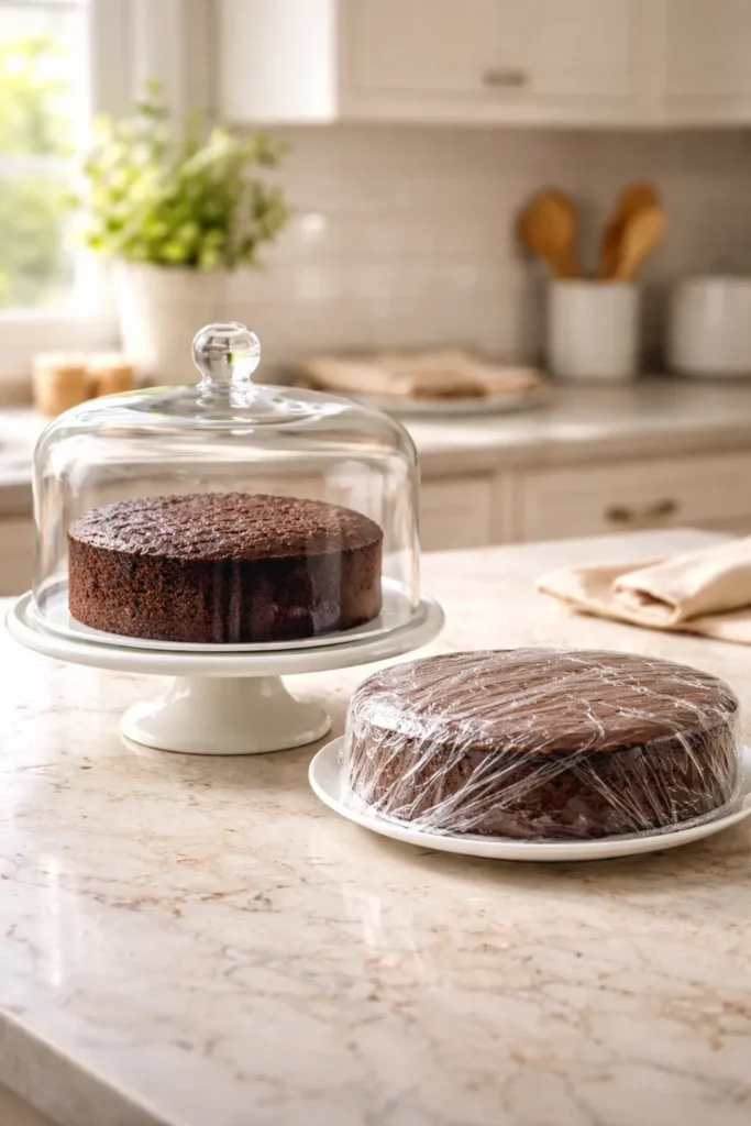 Easiest One Bowl Chocolate Cake For Beginners 11 Cake stored under a dome and a wrapped cake on the counter