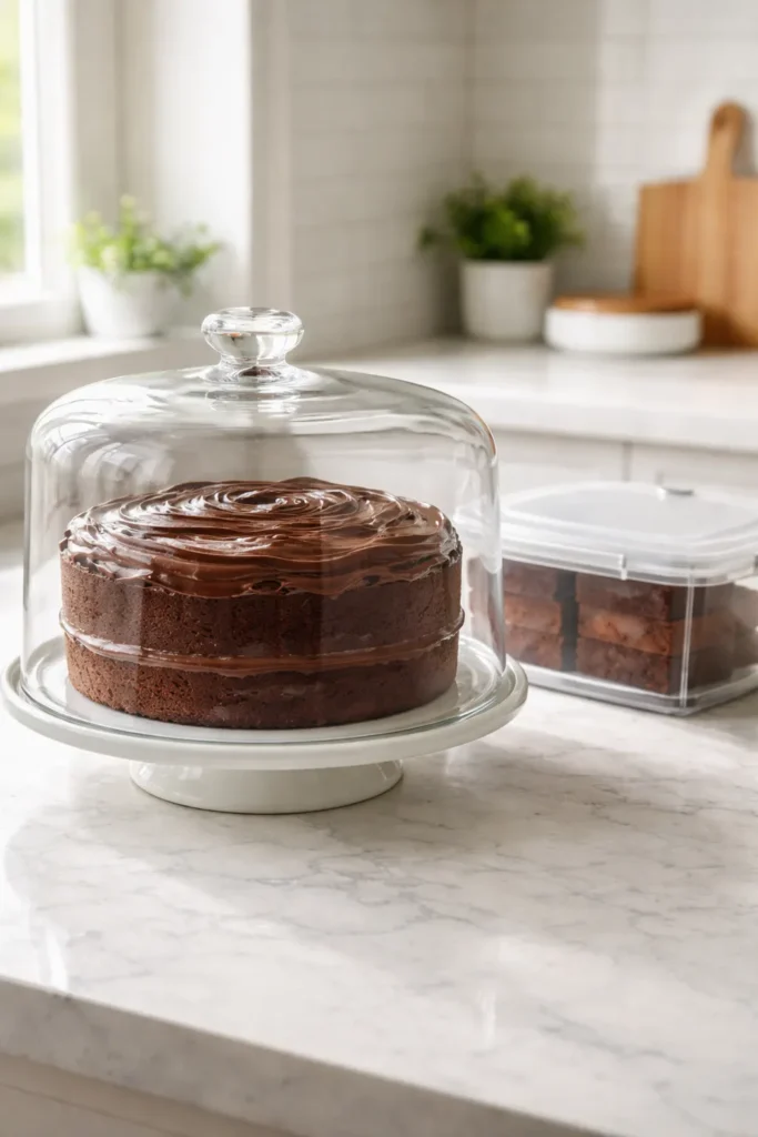 The Only Chocolate Cake Recipe You Need 11 Frosted chocolate cake under glass dome for freshness