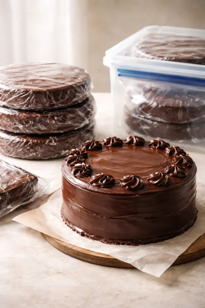 Rich Chocolate Ganache Cake for Birthdays 11 Wrapped chocolate cake layers and frosted cake on a counter ready for storage