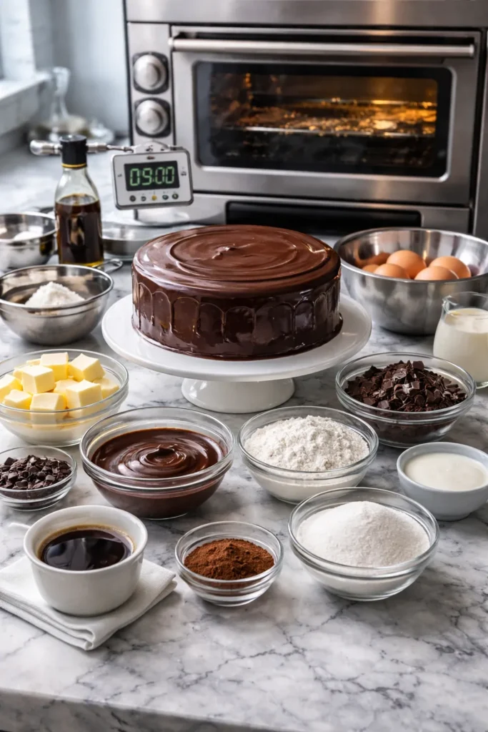 Rich Chocolate Ganache Cake for Birthdays 9 Professional kitchen setup with thermometer and timer for precise chocolate cake baking