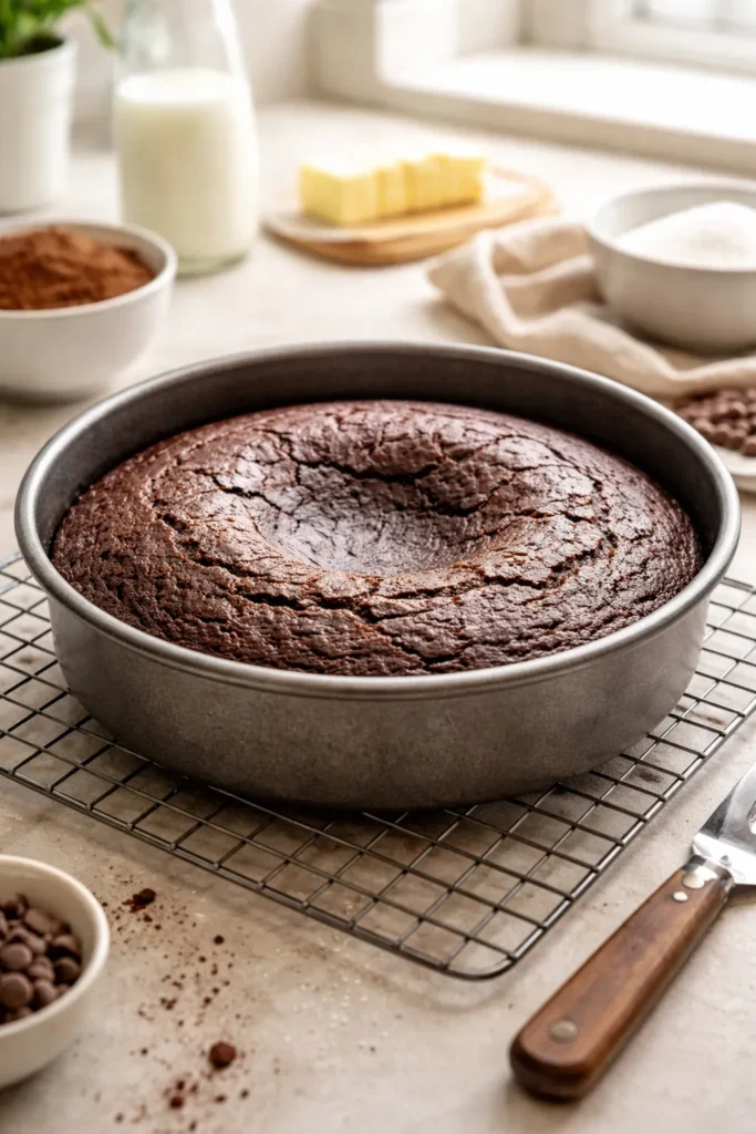 Easiest One Bowl Chocolate Cake For Beginners 8 Chocolate cake cooling with a slight sunken center on a wire rack