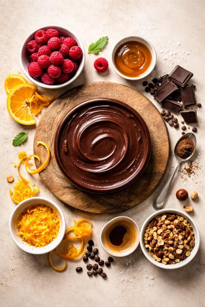 Rich Chocolate Ganache Cake for Birthdays 10 Flat lay of variation ingredients for chocolate cake: zest, berries, nuts, and chocolate shards