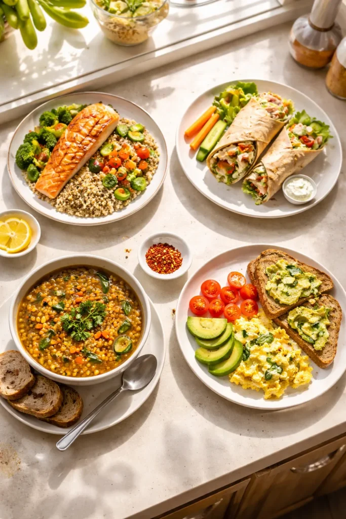 8 Calorie Deficit Meals That Keep You Full 13 Four plates of rotating meals on a clean countertop, illustrating sustainable calorie deficit eating.