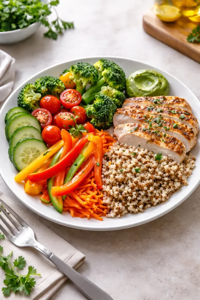 8 Calorie Deficit Meals That Keep You Full 10 Plate showing half-plate method with vegetables, protein, carbs, and fat portions