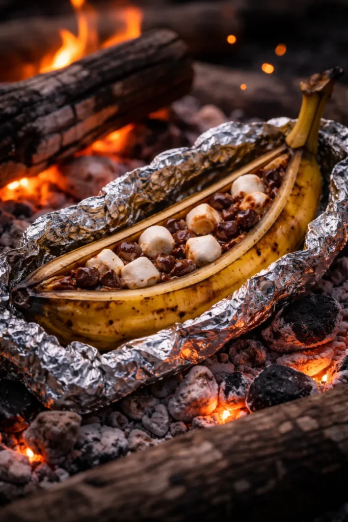 10 Campfire Recipes Even Kids Can Help With 3 Banana dessert in foil over embers with melted chocolate and marshmallows peeking.