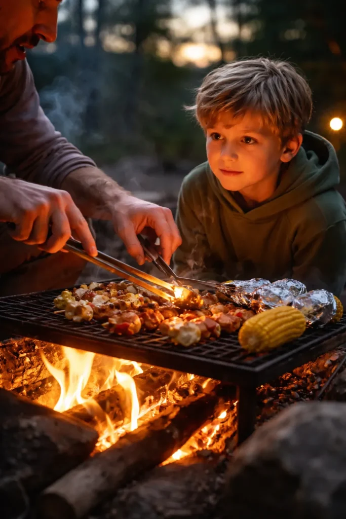10 Campfire Recipes Even Kids Can Help With 1 Child learning campfire cooking with adult guidance, showcasing bonding and hands-on food prep.
