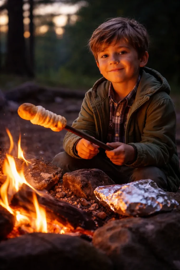 10 Campfire Recipes Even Kids Can Help With 15 Child roasting biscuit dough on a stick by a campfire with a foil packet nearby.