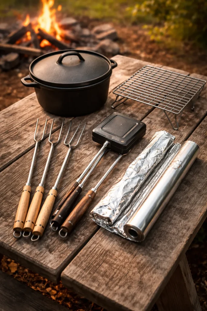 10 Campfire Recipes Even Kids Can Help With 13 Close-up of essential campfire cooking gear on a wooden surface outdoors: forks, Dutch oven, pie irons, foil, grate.