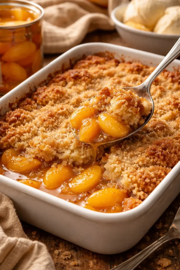 5-Minute Bisquick Cobbler With Canned Peaches 3 Cobbler with peaches in syrup visible through topping