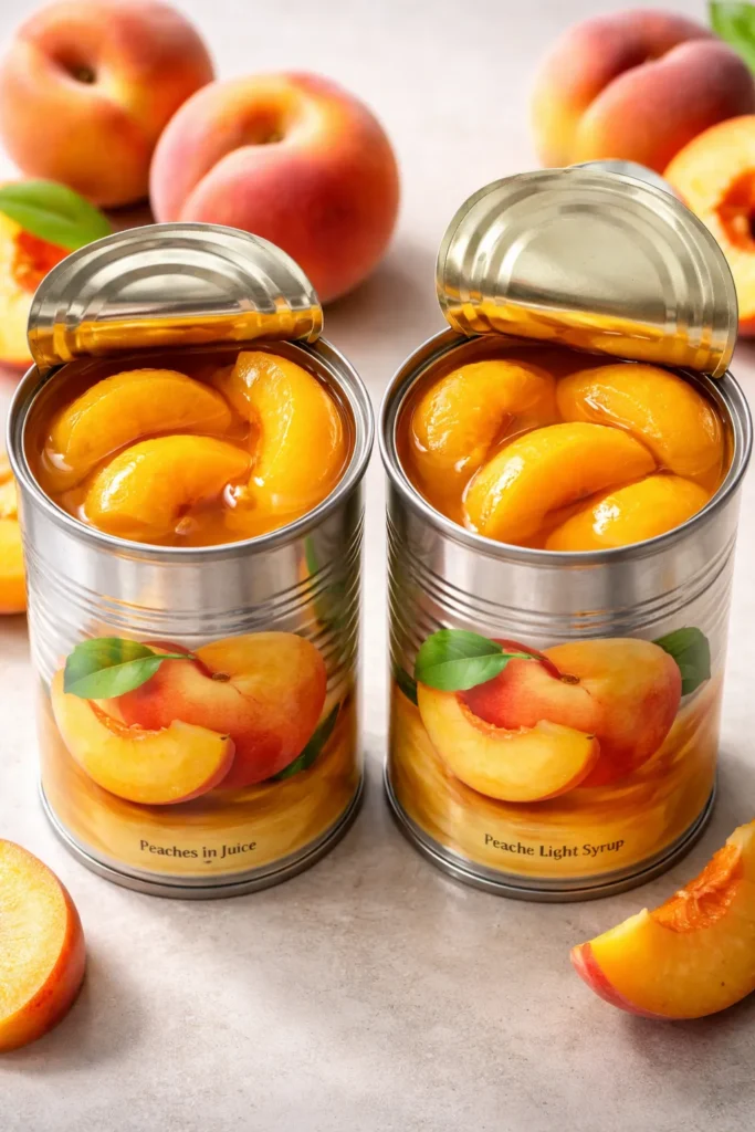 Canned Peach Cobbler That Tastes Fresh 2 Two cans of peaches showing juice and syrup on a neutral surface