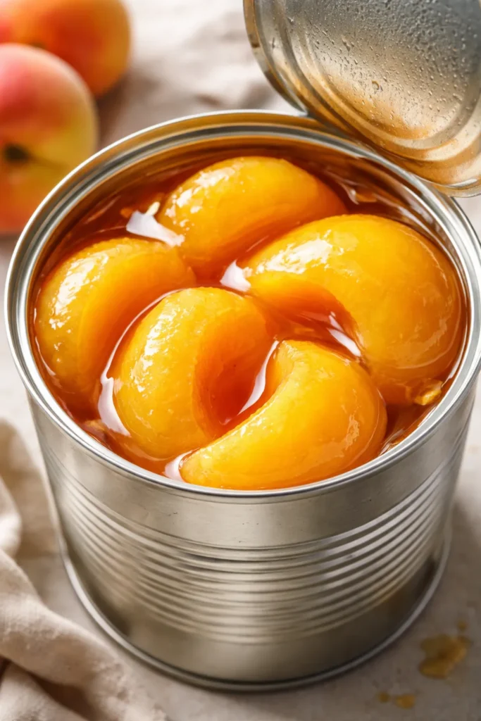 Canned Peach Cobbler That Tastes Fresh 1 Close-up of glossy peach halves in syrup inside an open can on a neutral background