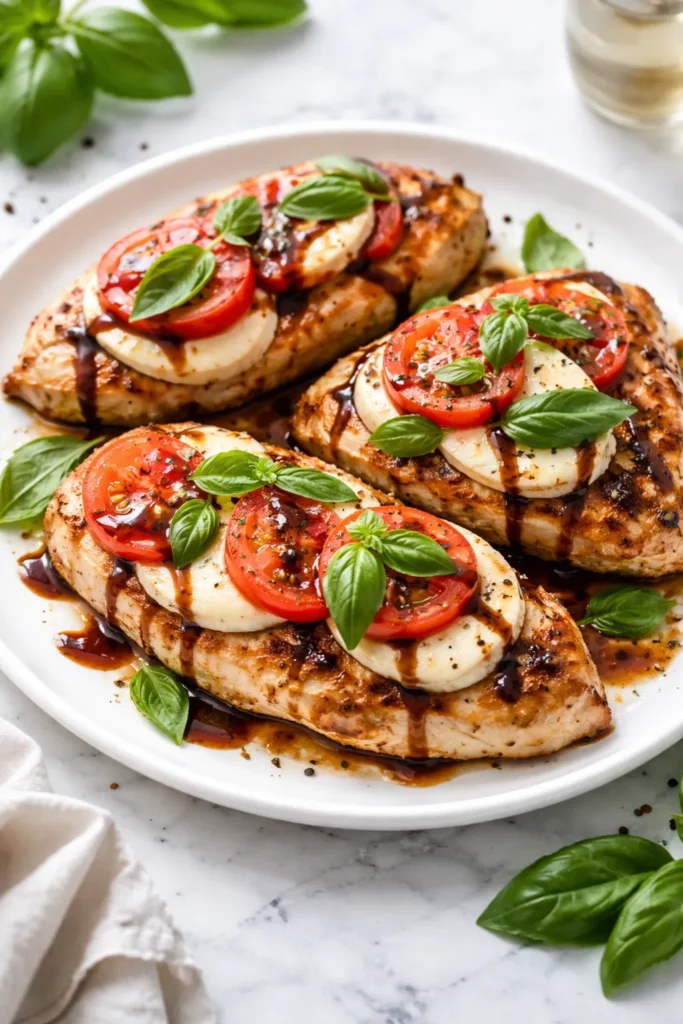 Chicken Caprese with mozzarella, tomato, and basil on a plate.