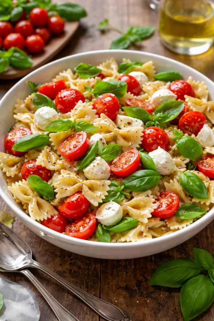 8 Pasta Salad Recipes for Your Next Cookout 7 Close-up of Caprese Pasta Salad with fresh basil and mozzarella in a glossy vinaigrette